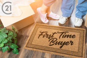Picture of Doormat that says "first time buyer"