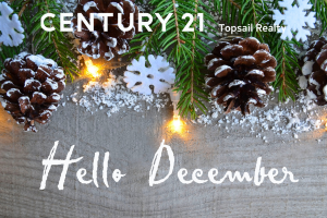 Picture of the words Hello December with lights, snow & pinecones